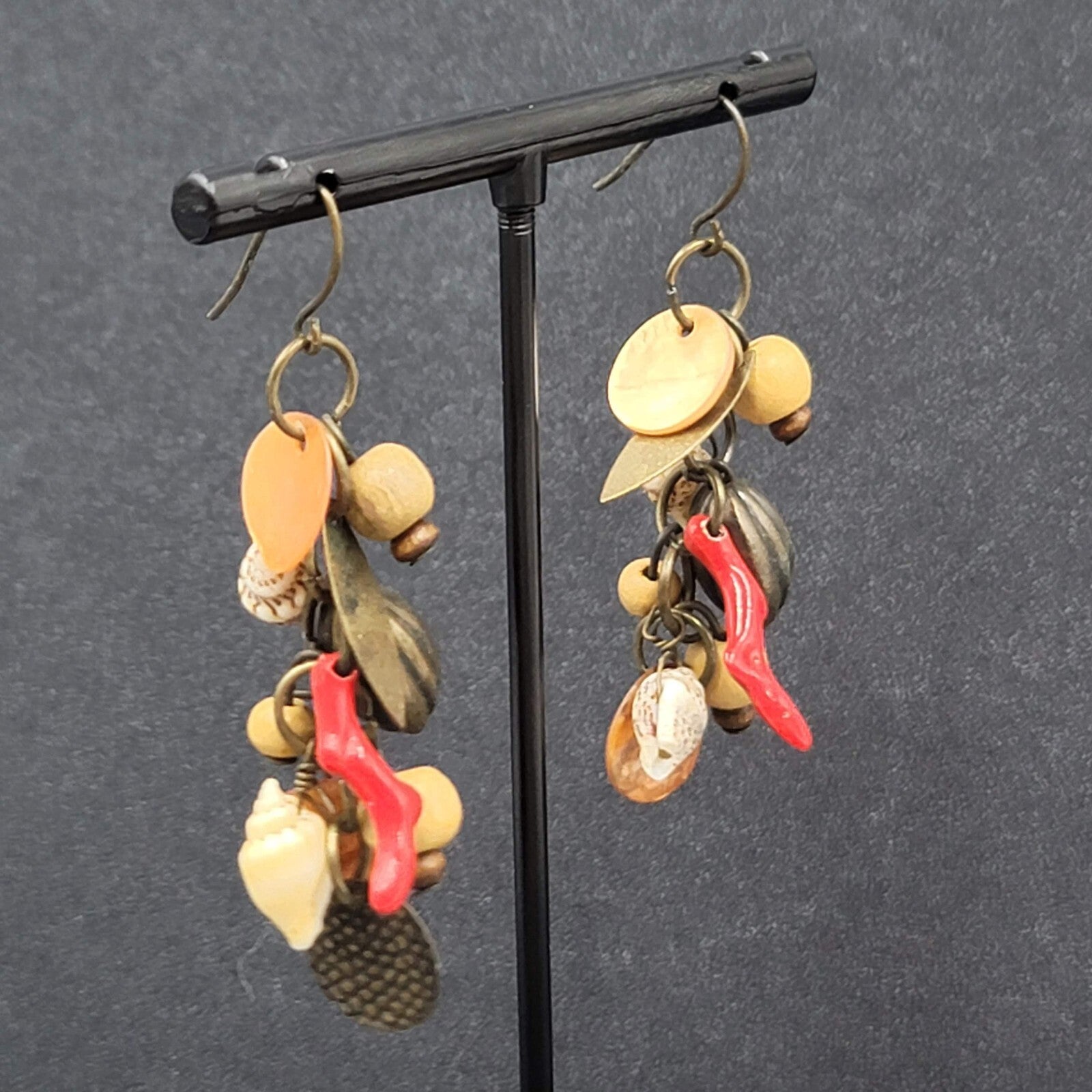 Charm Pierced Earrings Bronze tone Seashells Beads 2"