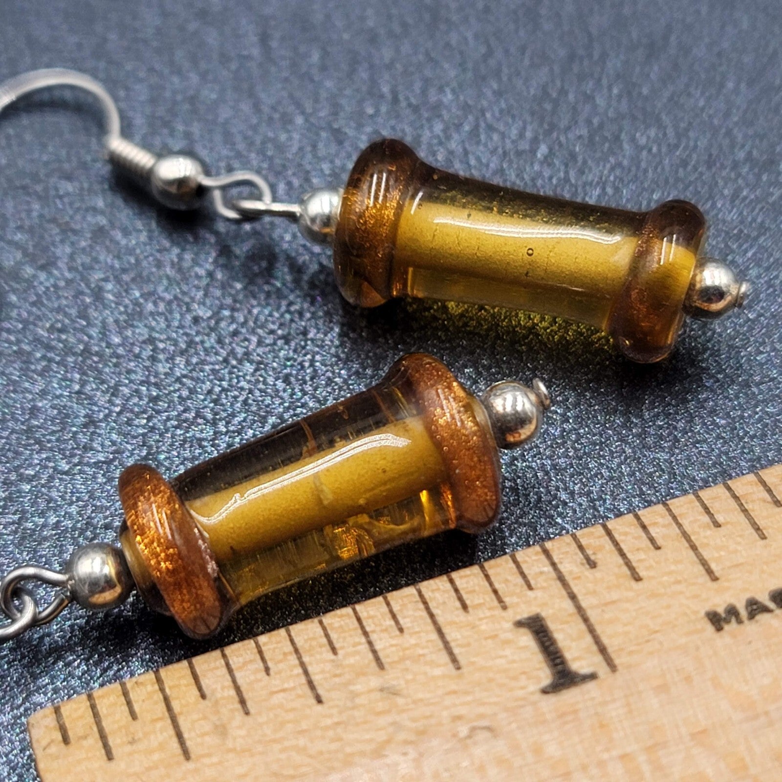 Pierced Earrings Silver tone Orange Art Glass Bead Dangle 1"