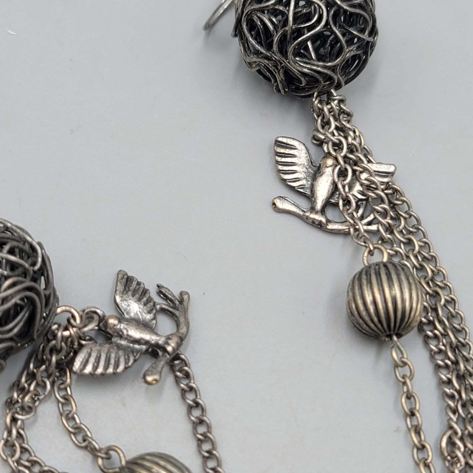 Extra Long Pierced Earrings Dark Gray Metal Bead Charms Dangle Chains 6.5 in