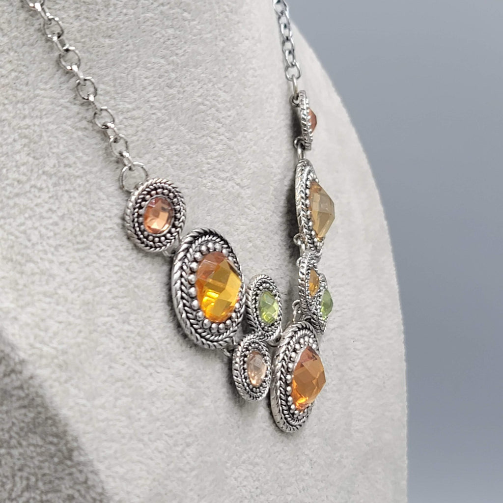 Premier Designs Necklace Silver tone Orange Green Rhinestones Bib 16"-20"