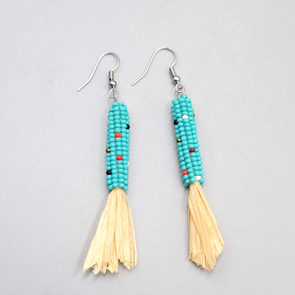 Blue Seed Bead Corn Maize Pierced Earrings Silver tone Dangle Southwest 2.25 in