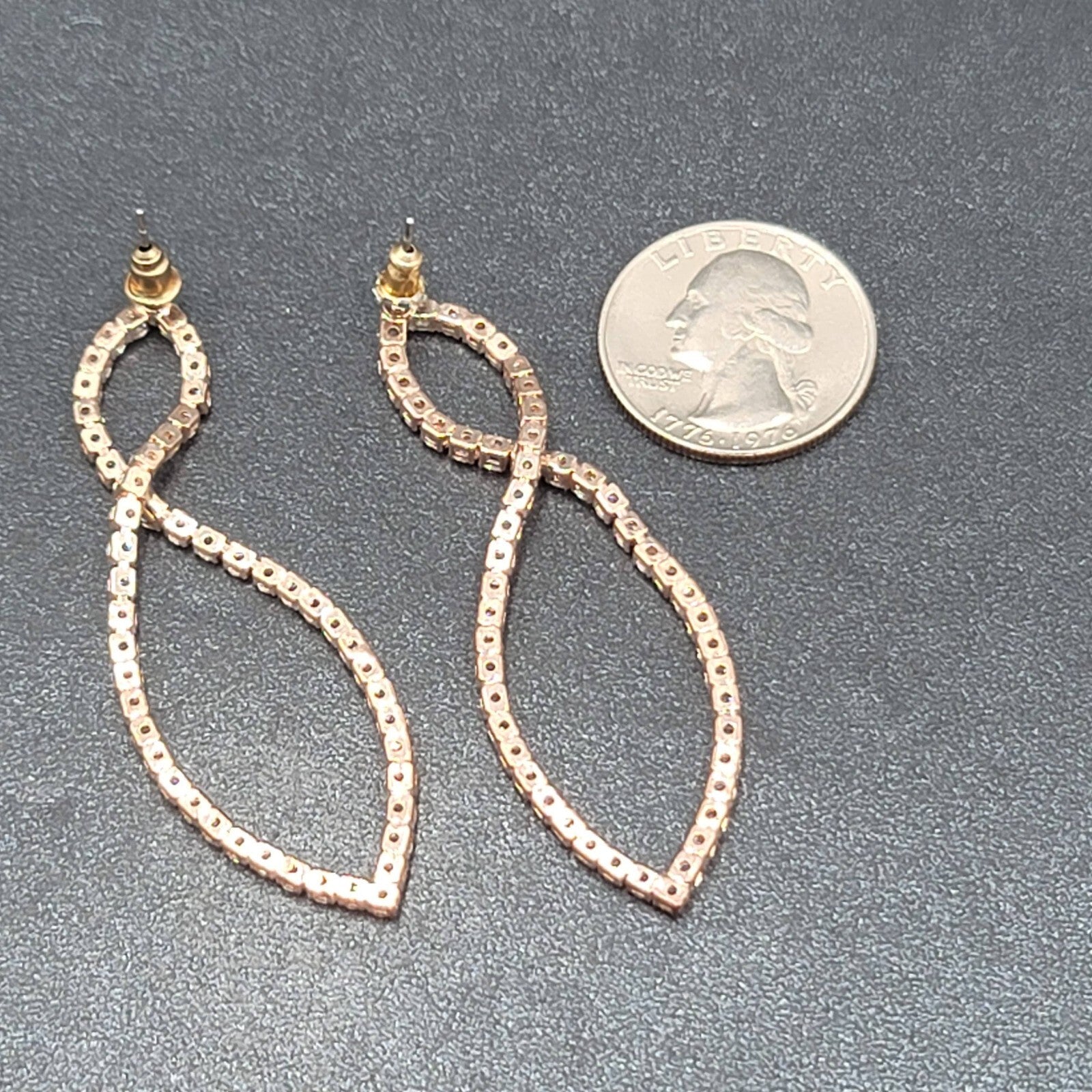 Pierced Earrings Rose Gold tone Crystal Prom Wedding Dangle 2.5"