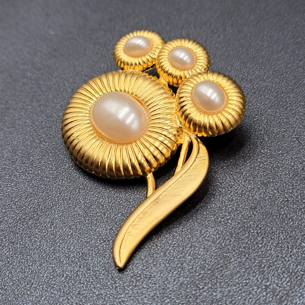Vintage Brooch Matte Gold Plated Faux Pearl Flower 2.75"