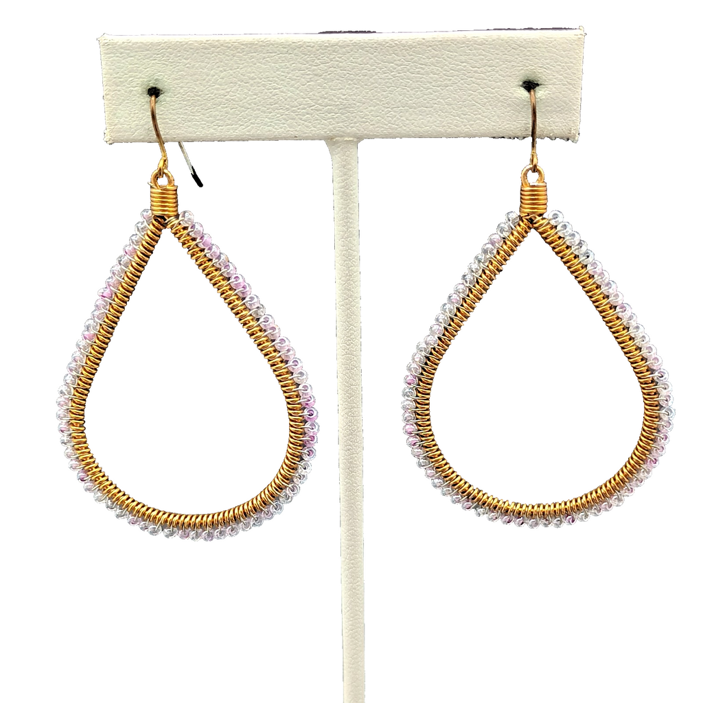 Pierced Earrings Gold tone Wire Wrapped Lavender Bead Teardrop Dangle 2 1/8"