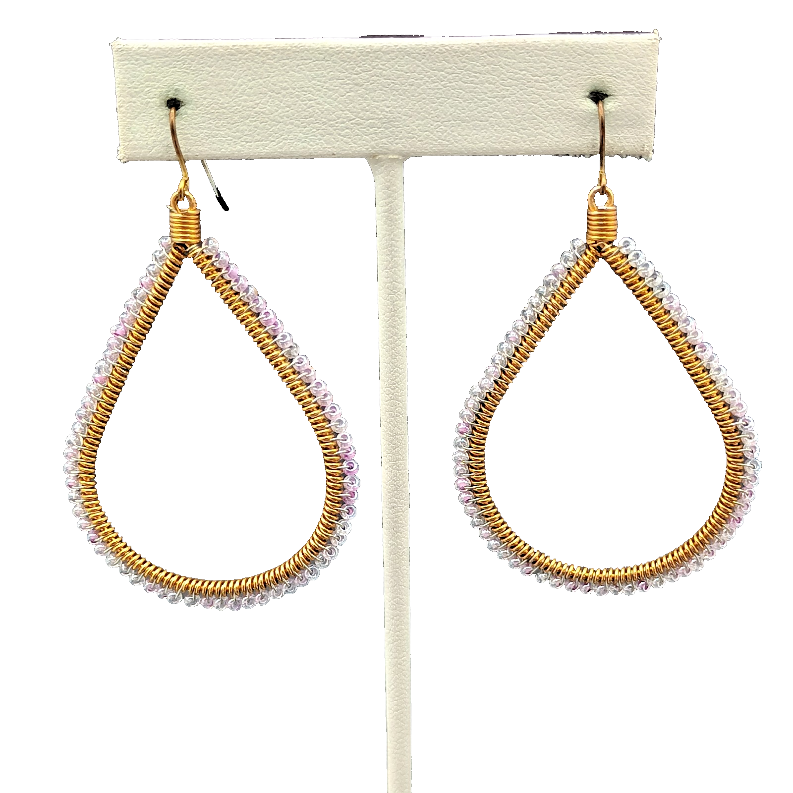 Pierced Earrings Gold tone Wire Wrapped Lavender Bead Teardrop Dangle 2 1/8"