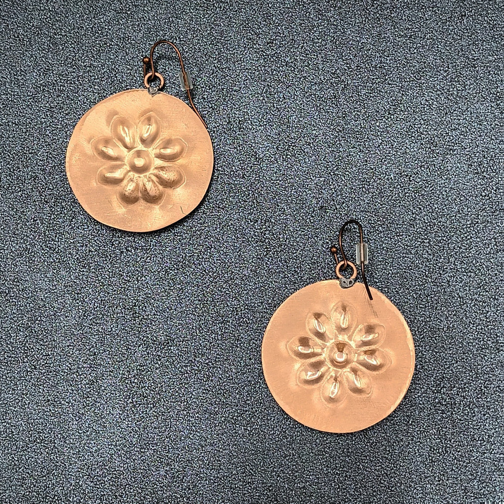 Pierced Earrings Copper tone Blue Enamel Flower Embossed Discs Dangle Boho 1.25"