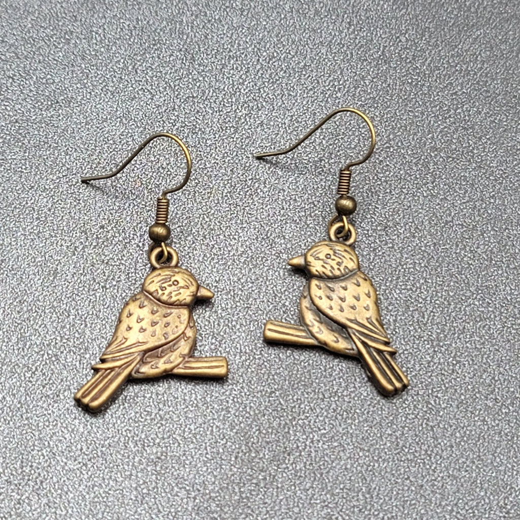 Bird on Perch Pierced Earrings Bronze tone Embossed Dangle 1"