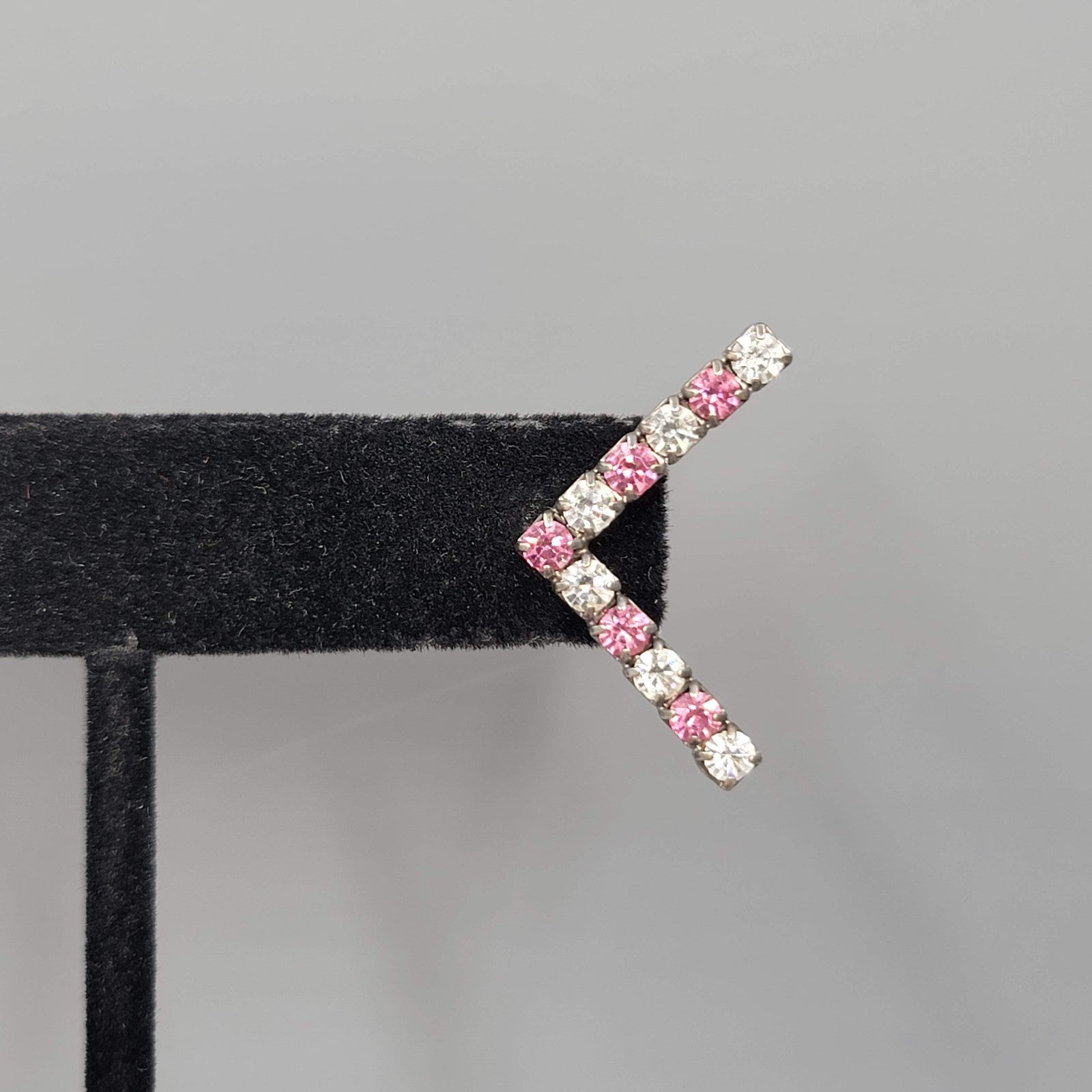 Pink Clear Rhinestones Pierced Earrings Silver tone Drop 1"