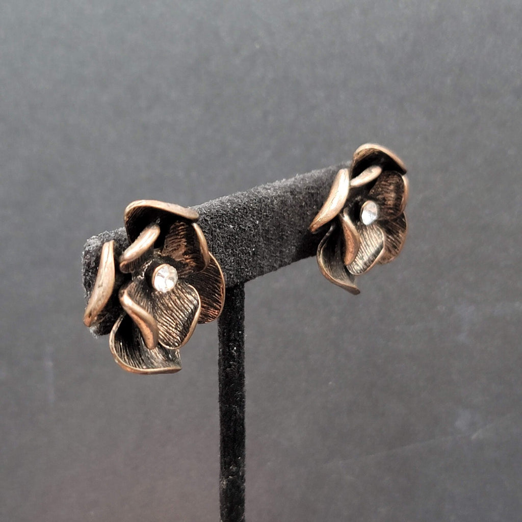 Flower Pierced Earrings Copper tone Rhinestone Drop 1"