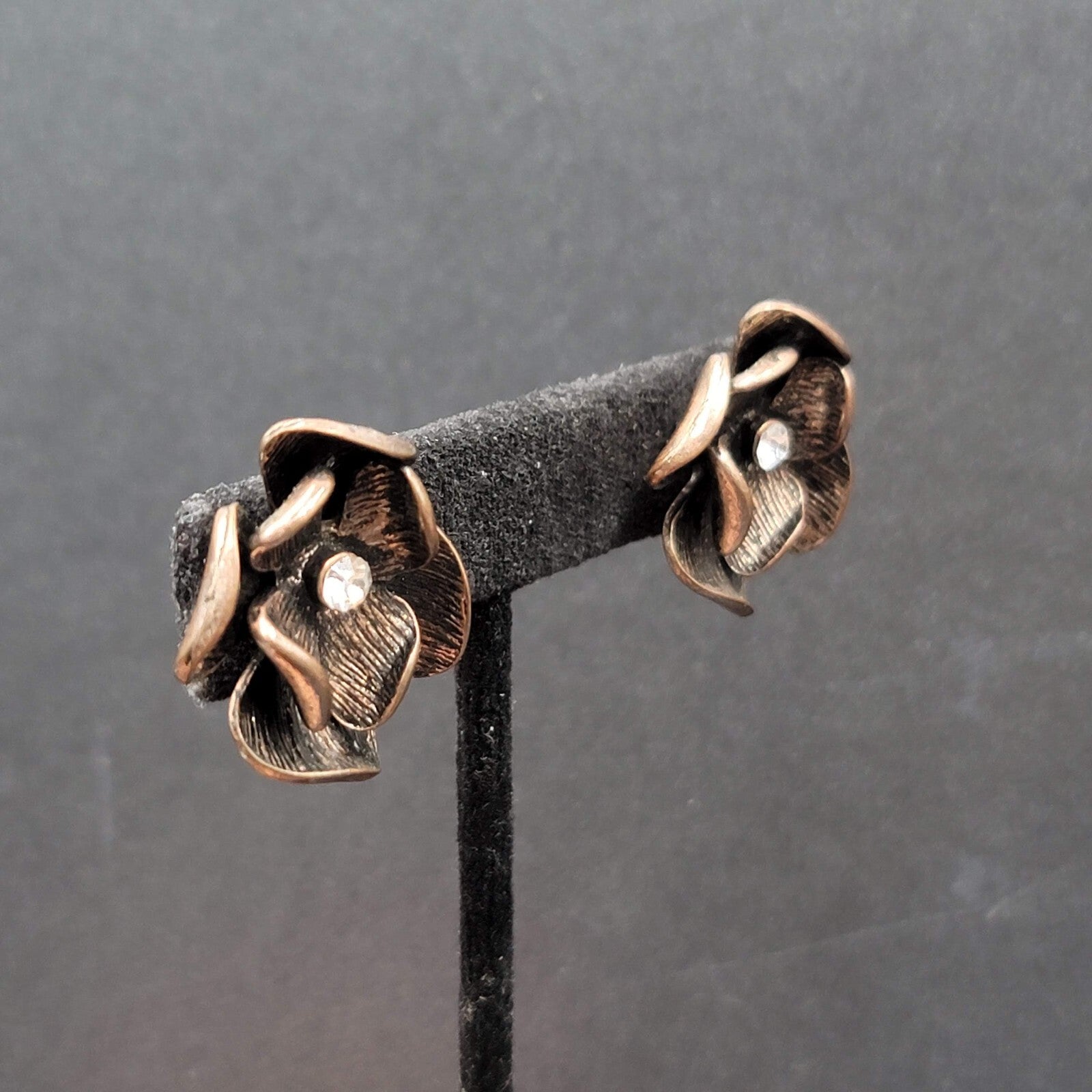 Flower Pierced Earrings Copper tone Rhinestone Drop 1"