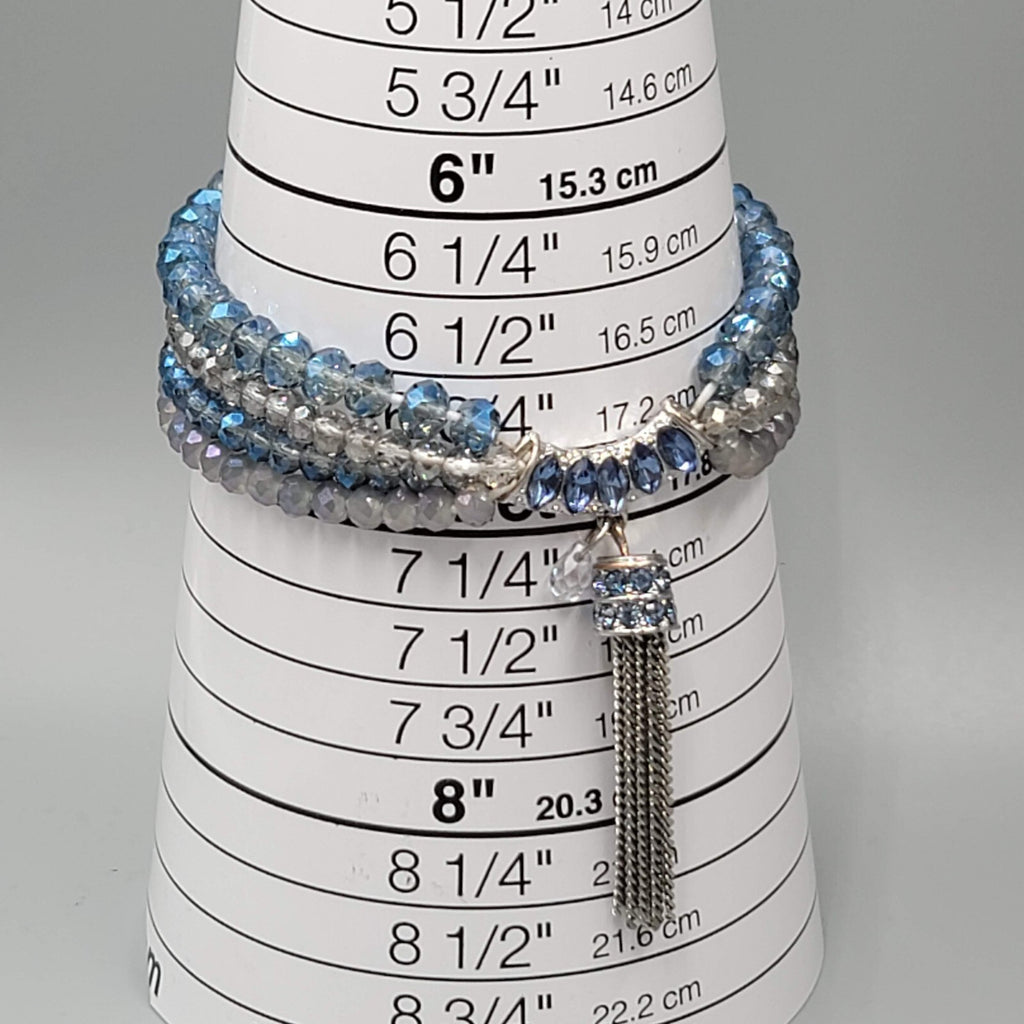 Blue Crystal Rhinestone Bracelet Layered Bead Elastic Silver tone Tassel Chains