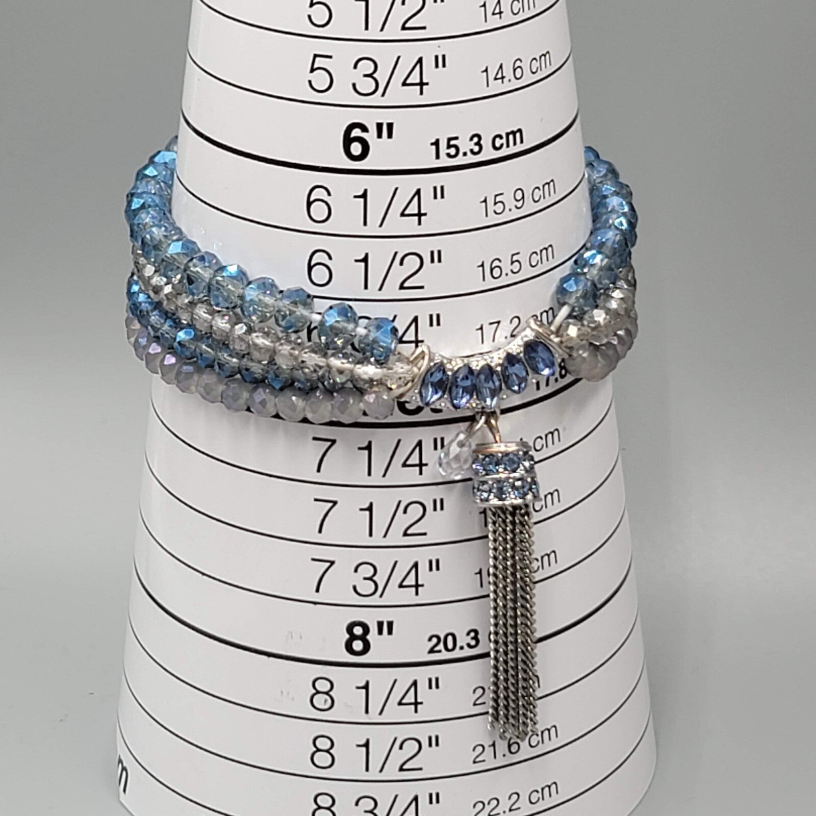 Blue Crystal Rhinestone Bracelet Layered Bead Elastic Silver tone Tassel Chains