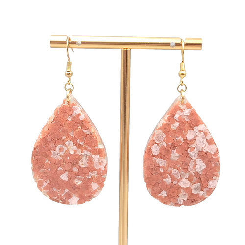 Confetti Resin Teardrop Pierced Earrings Gold tone Dangle Pink Mauve 2 in