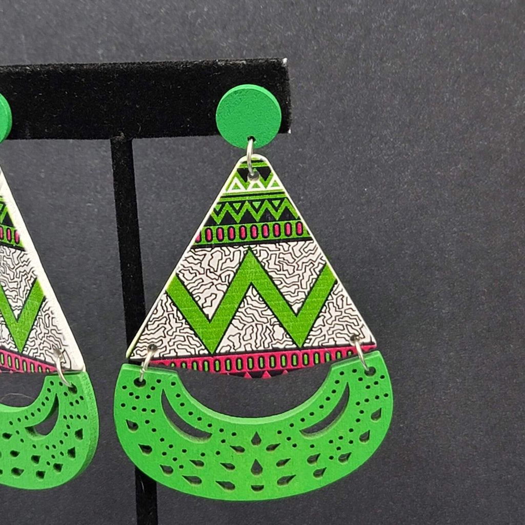 Pierced Earrings Green Multicolor Wood Statement Dangle Large 3"