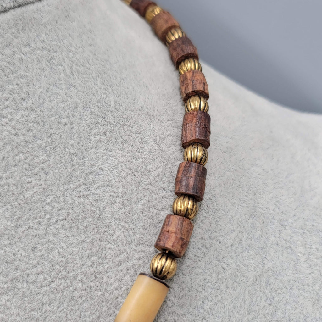 Vintage Wood Nut Brass Bead Necklace Unisex Ethnic 16 in