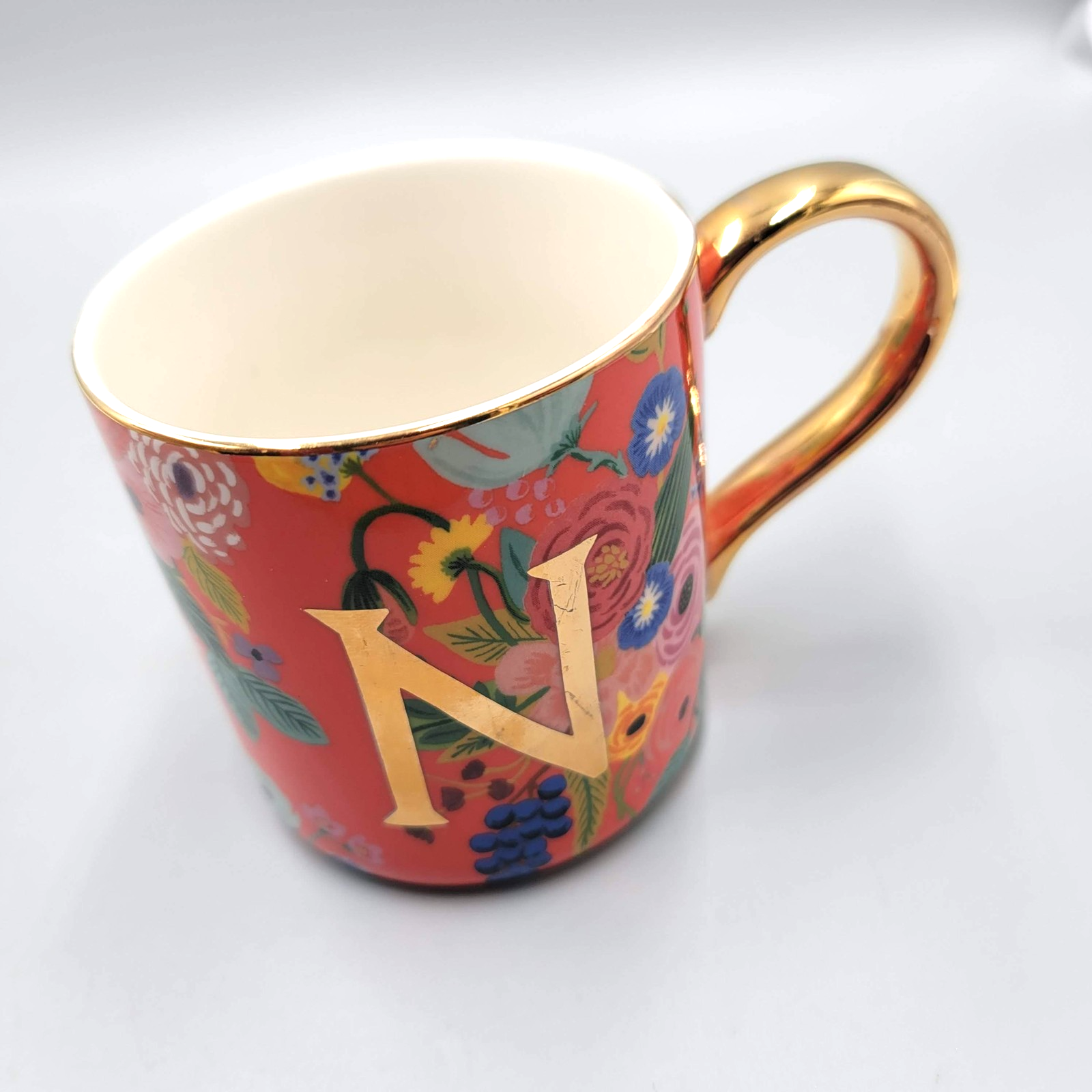 Rifle Paper Co Anthropologie Letter N Floral Mug Gold Handle Monogram Coffee Cup