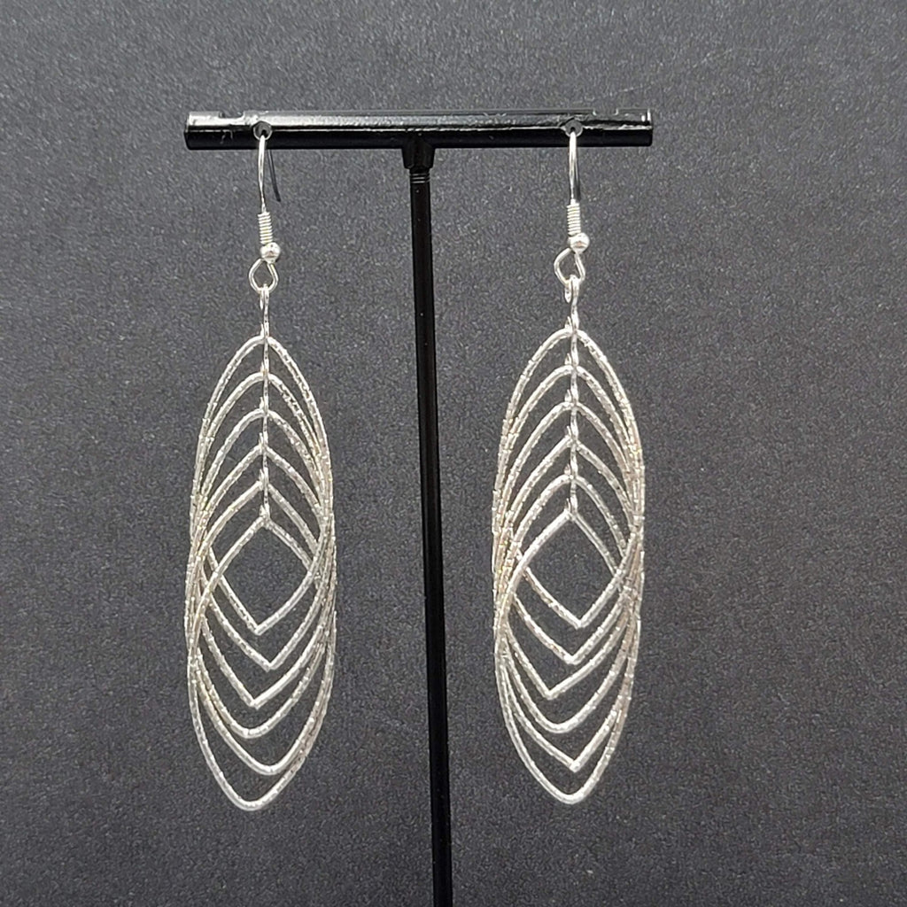 Pierced Earrings Silver tone Textured Concentric Hoops Dangle Statement 2.75"