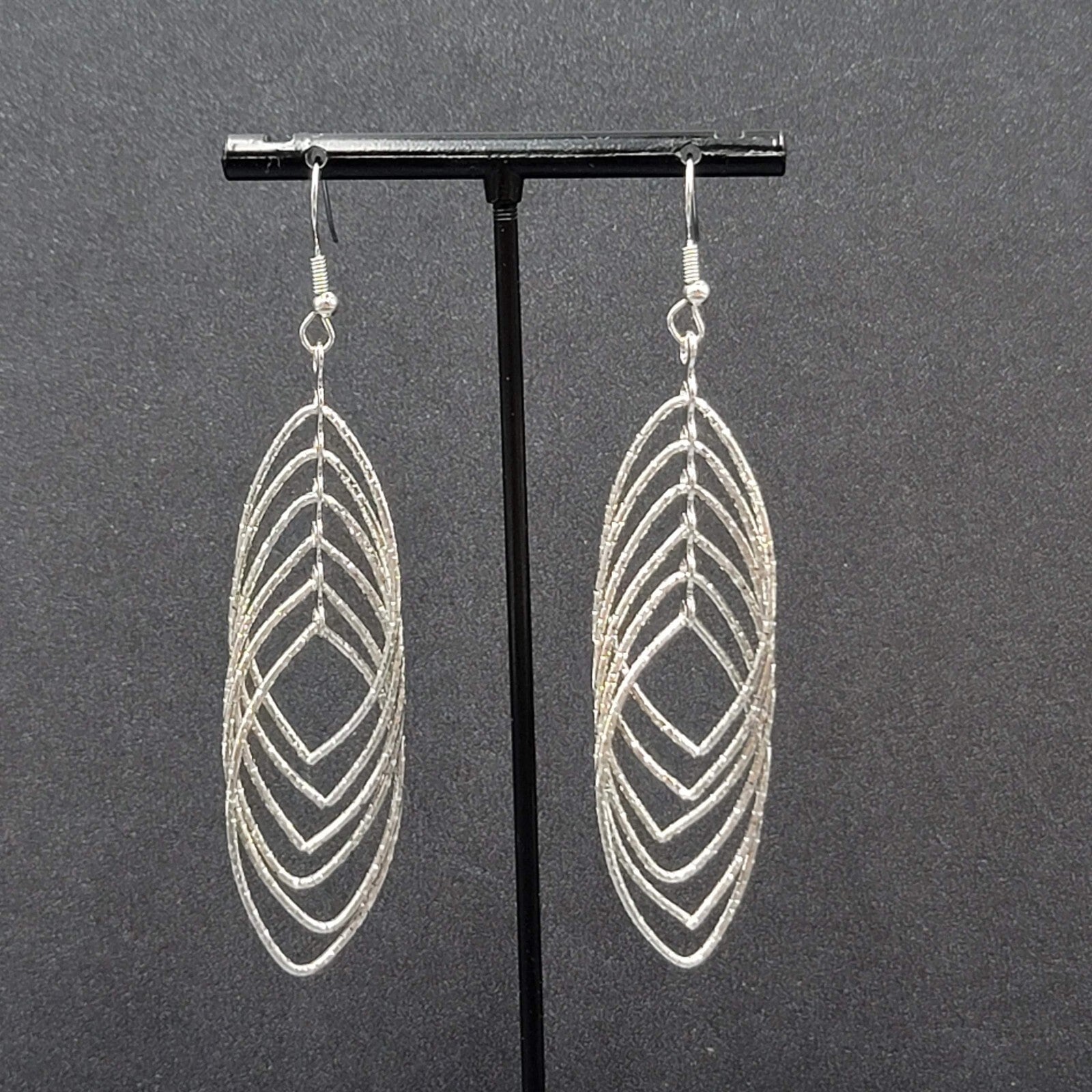 Pierced Earrings Silver tone Textured Concentric Hoops Dangle Statement 2.75"