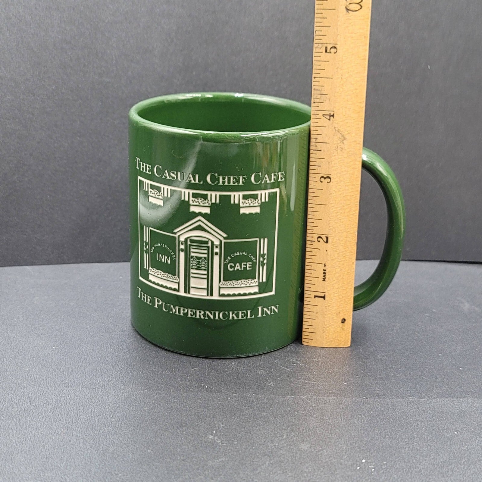 The Casual Chef Cafe Coffee Mug The Pumpernickel Inn Souvenir Green Etched