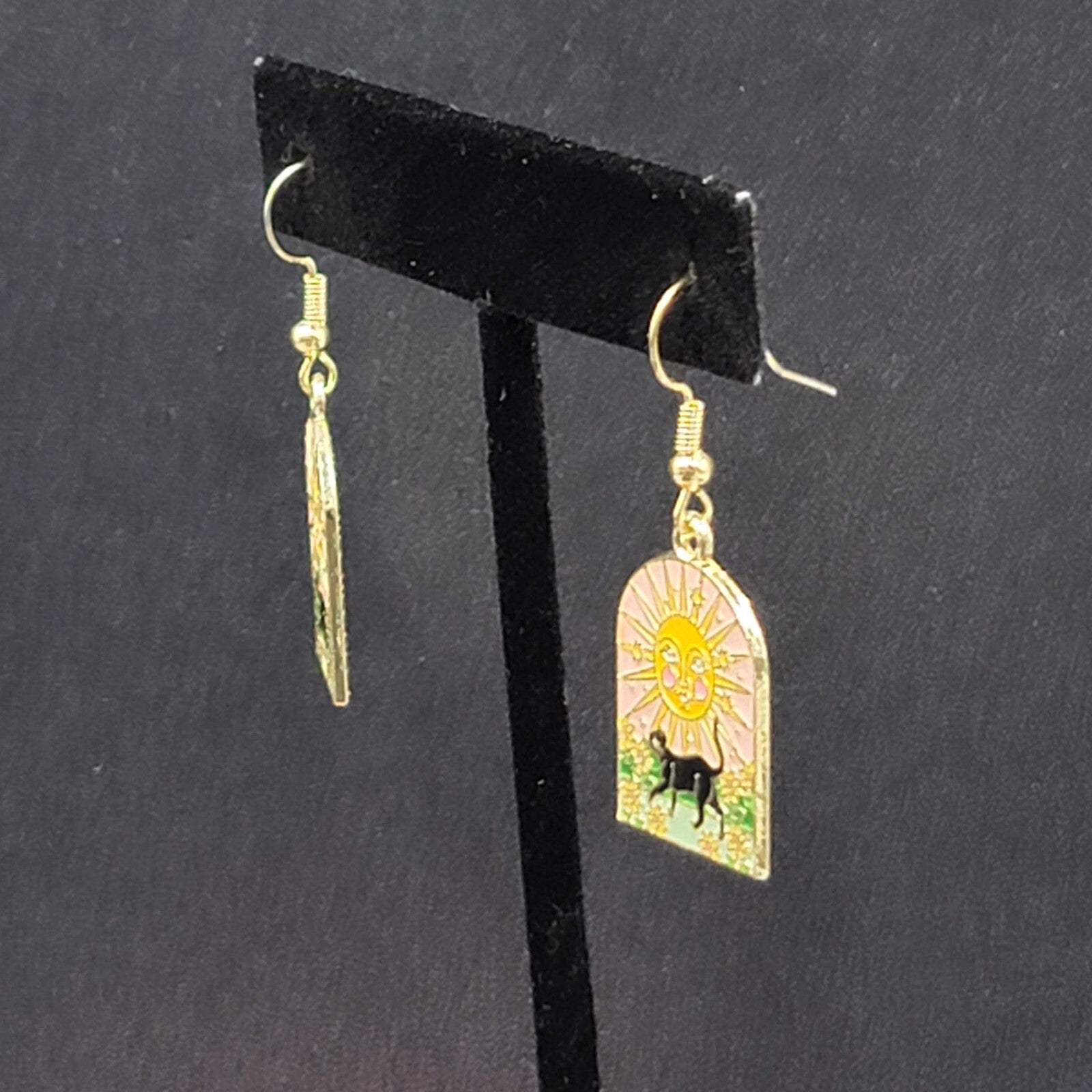 Pierced Earrings Gold tone Enamel Black Cat Happy Sun Flowers Dangle 1"