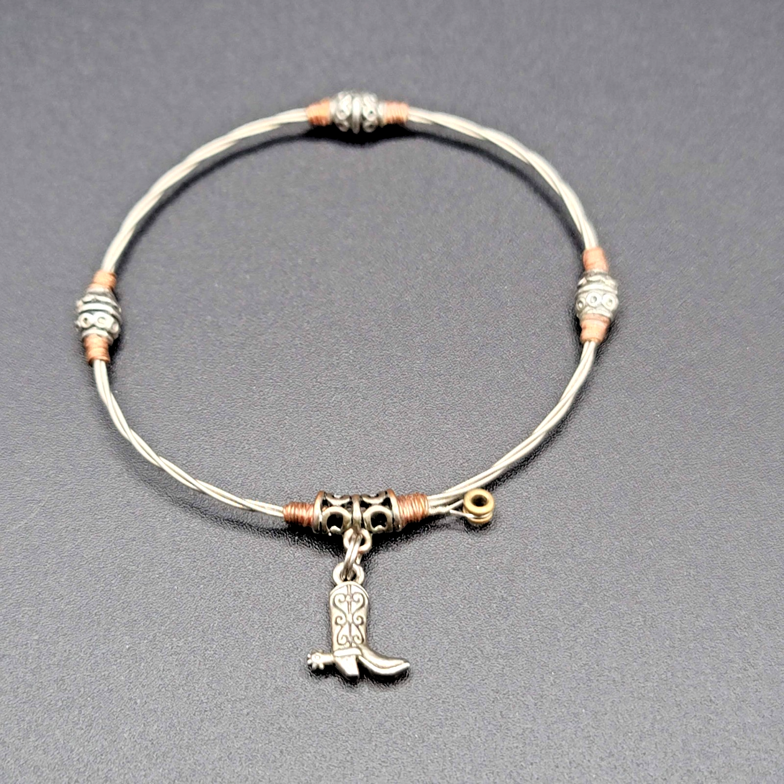 Guitar String Bangle Bracelet Cowboy Boot Charm Silver tone