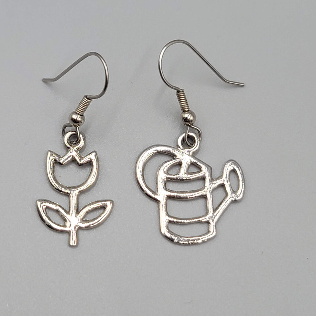 Gardener Pierced Earrings Garden Flower Watercan Silver tone Dangle 1"