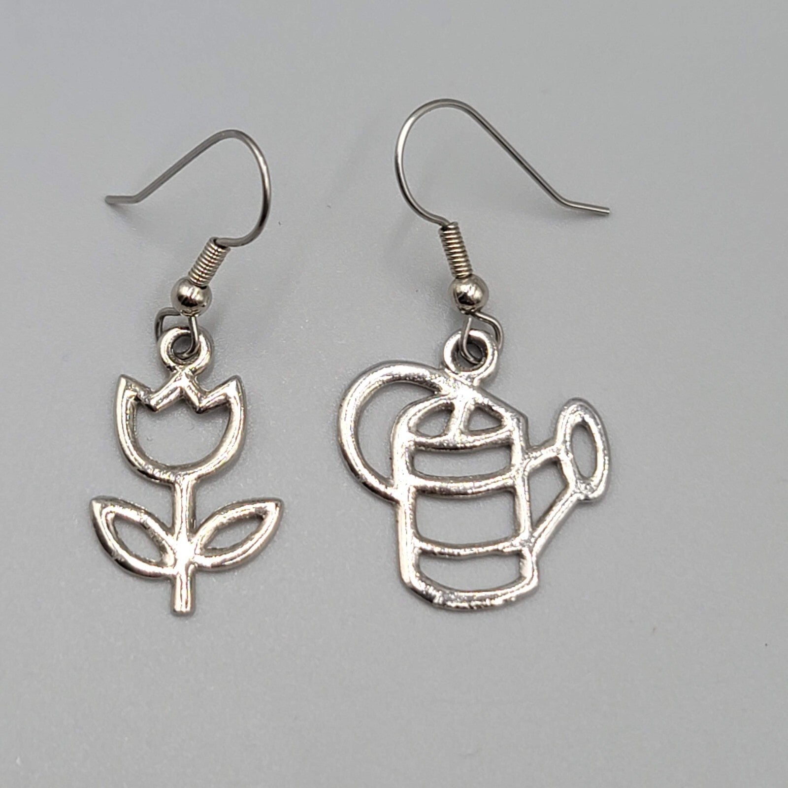 Gardener Pierced Earrings Garden Flower Watercan Silver tone Dangle 1"