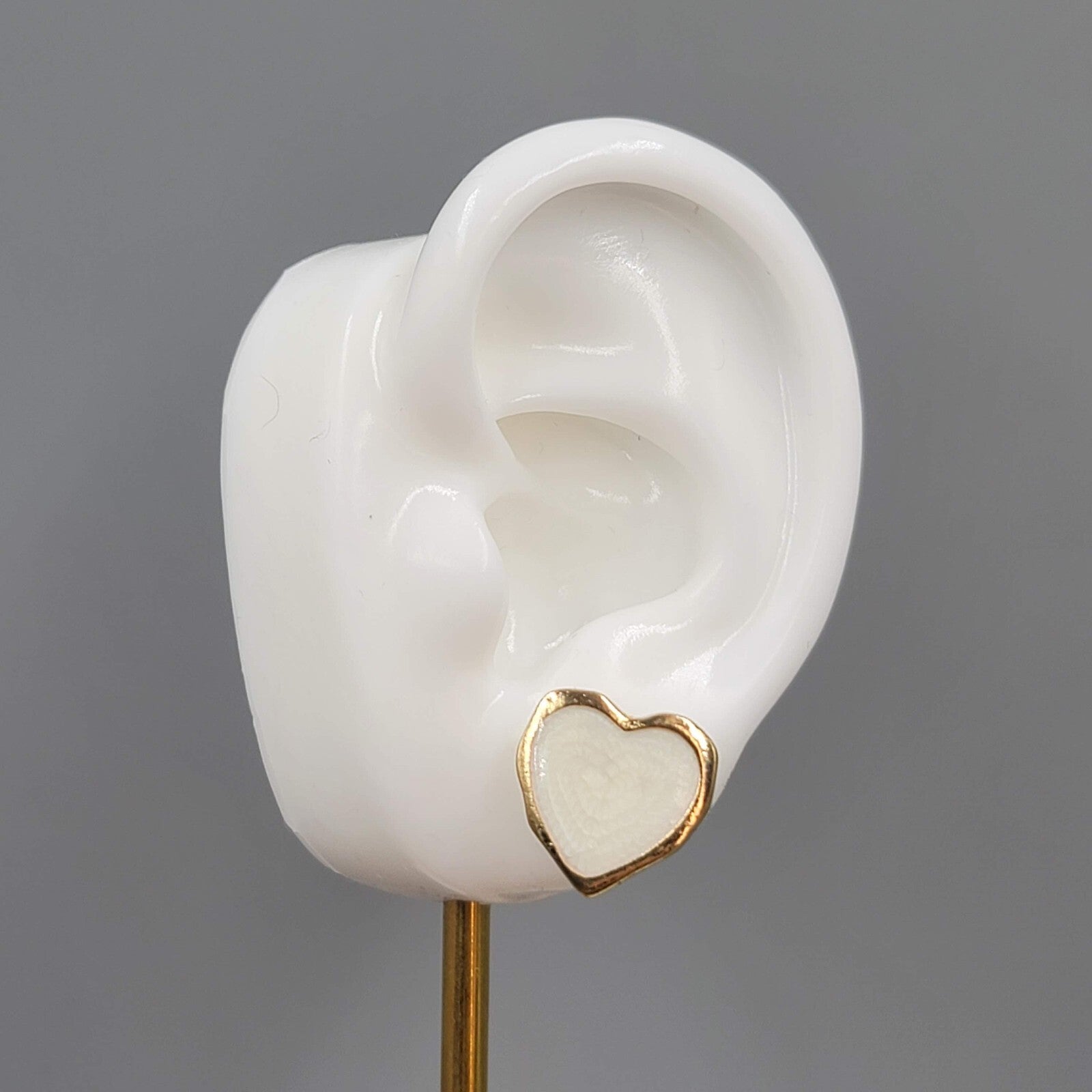 White Heart Pierced Earrings Enamel Gold tone Studs  5/8"