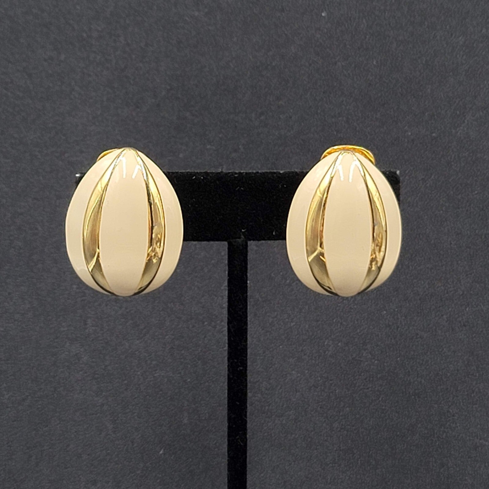Vintage Clip on Earrings Gold Plated Ivory Enamel Large Statement Drop 1.25"