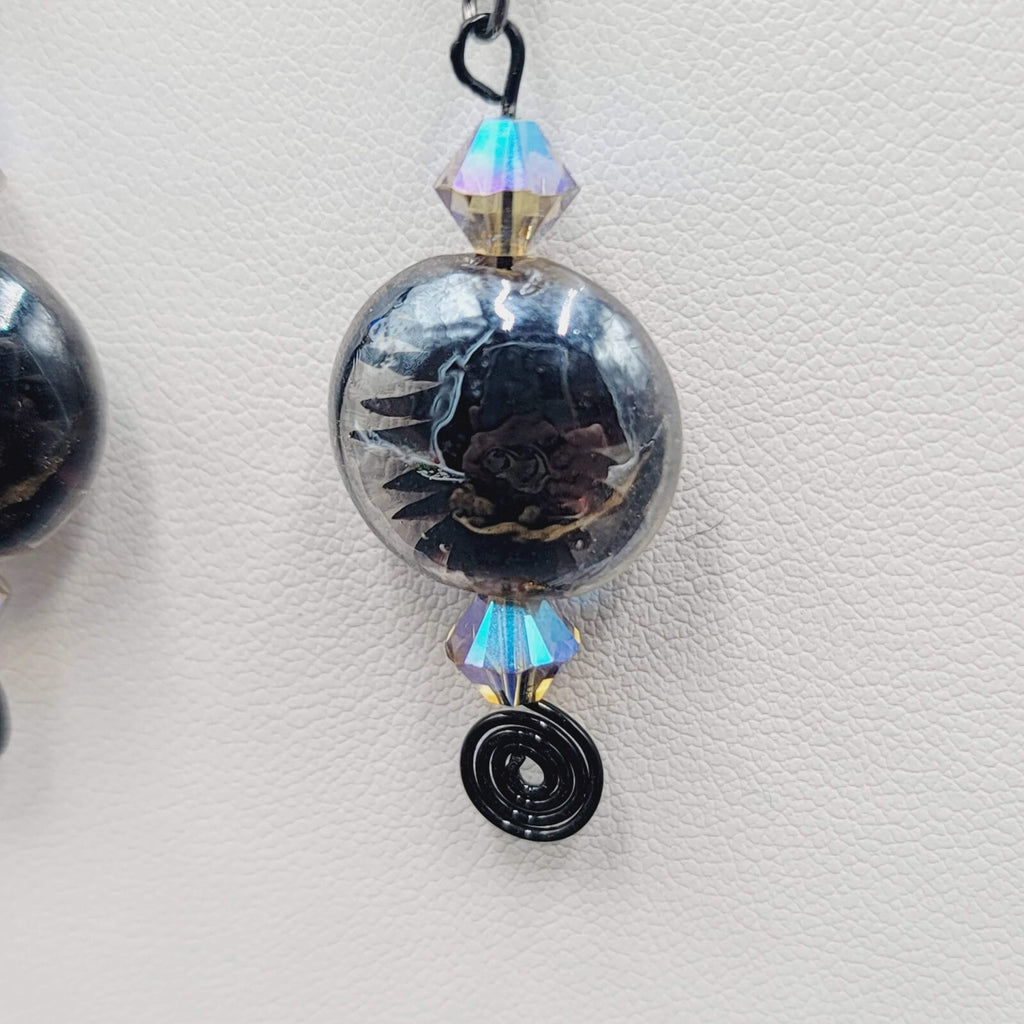 Pierced Earrings Black Art Glass Bead Crystal Black Wire Dangle 1.5"