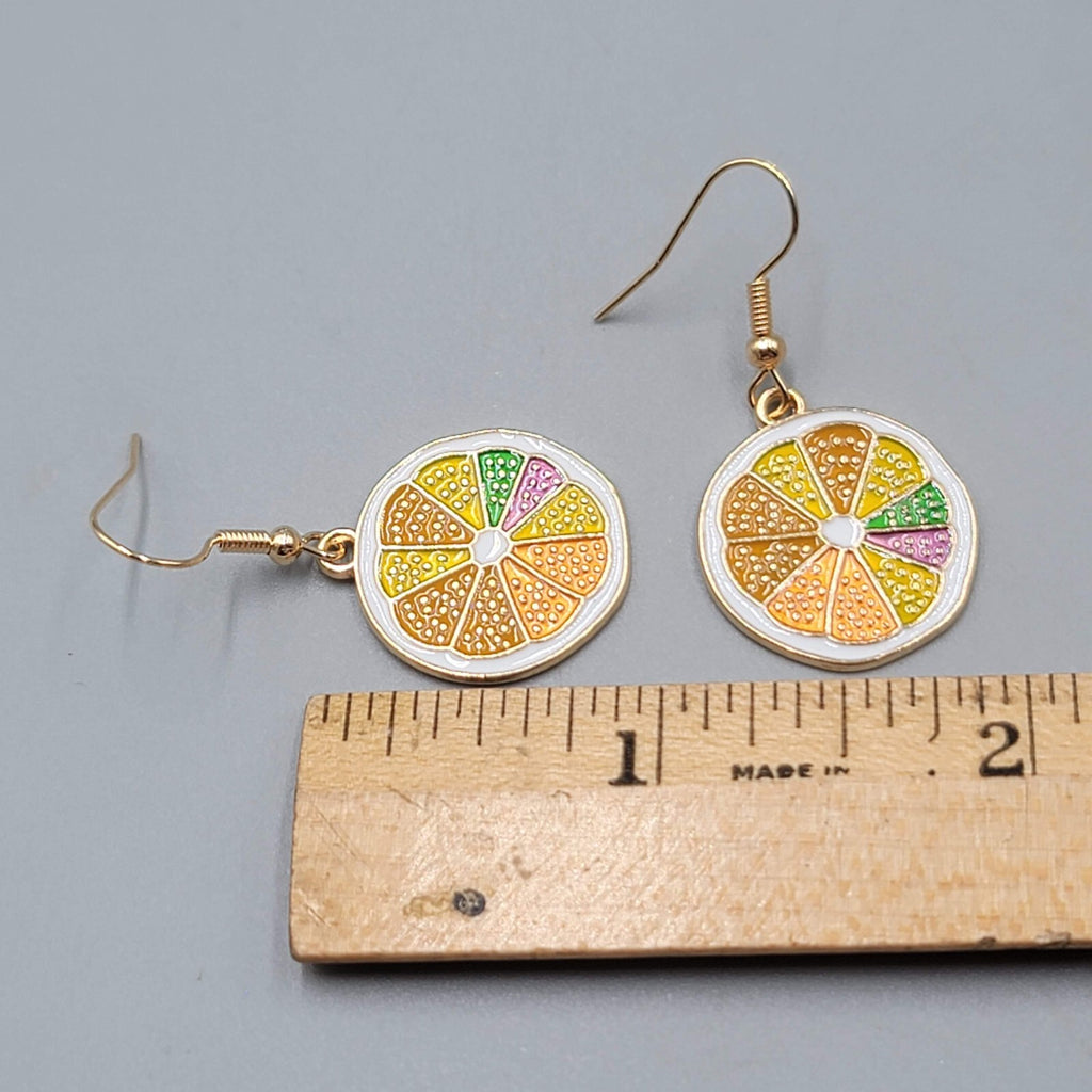 Citrus Fruit Slice Enamel Pierced Earrings Gold tone Dangle 3/4"