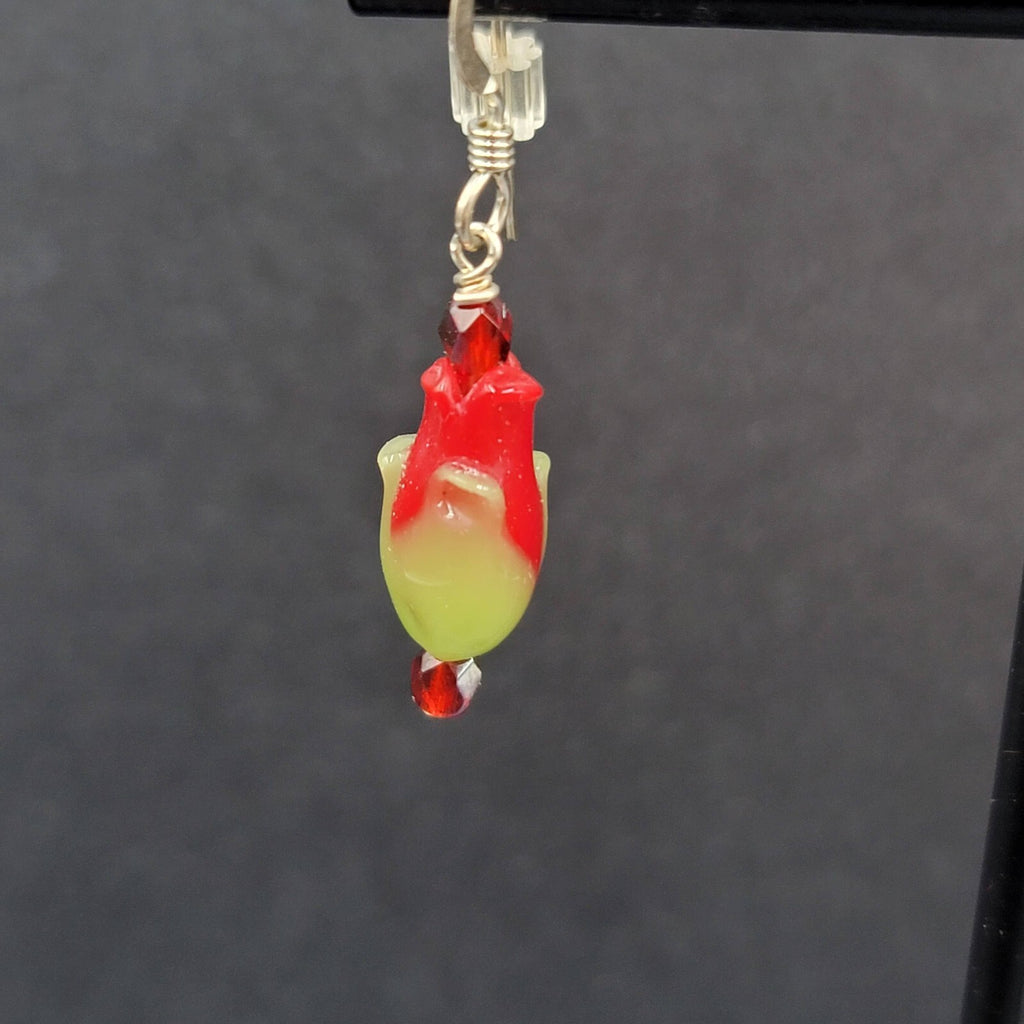 Sterling Silver Pierced Earrings Red Green Glass Tulip Flower Dangle 3/4" 925
