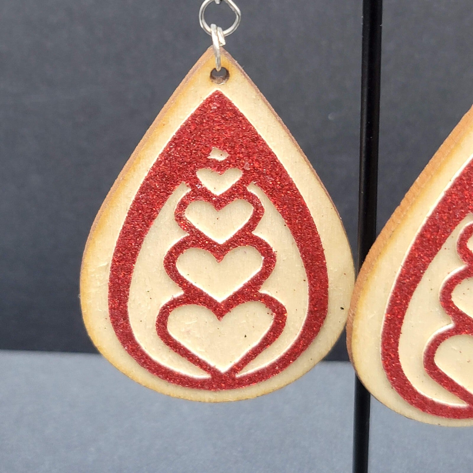 Pierced Earrings Laser Cut Wood Teardrop Red Glitter Hearts Dangle 2.25"