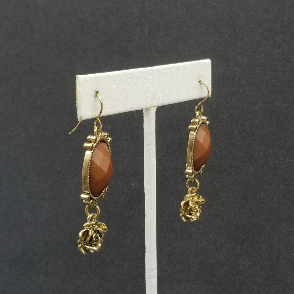 Pierced Earrings Gold tone Brown Sparkle Acrylic Flower Dangle 1 3/4"