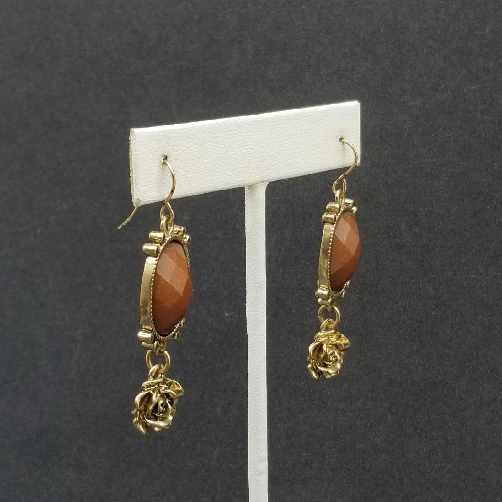 Pierced Earrings Gold tone Brown Sparkle Acrylic Flower Dangle 1 3/4"