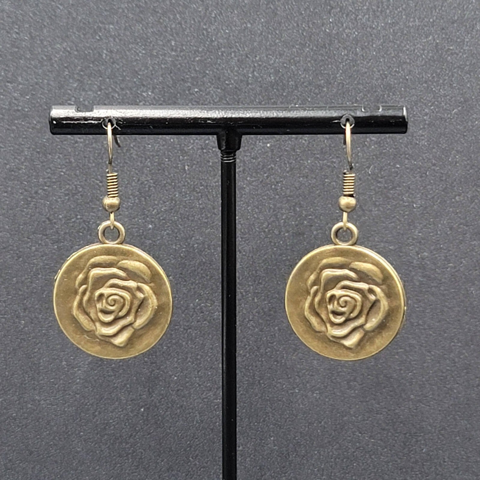New Embossed Rose Flower Hat Pierced Earrings Bronze tone Round Dangle 1"