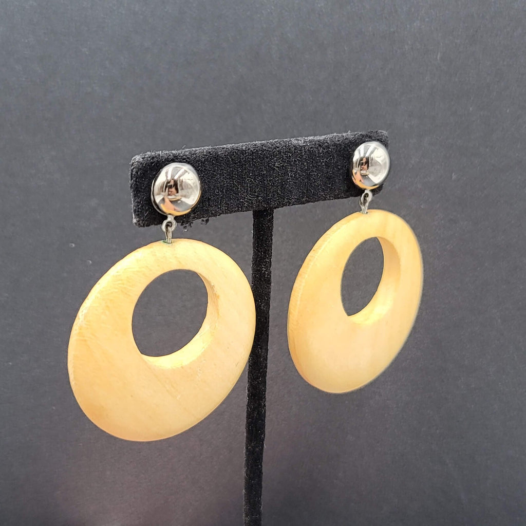 Pierced Earrings Silver tone Open Wood Hoops Dangle 1.75"