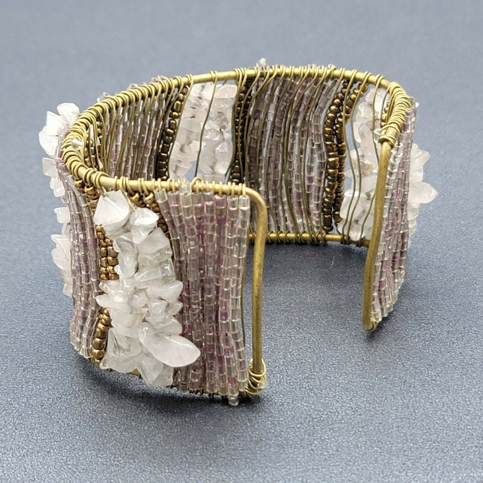 CHUNKY Urban Artisanal Metal Wire Wrapped Wide Cuff Bracelet Quartz Beads
