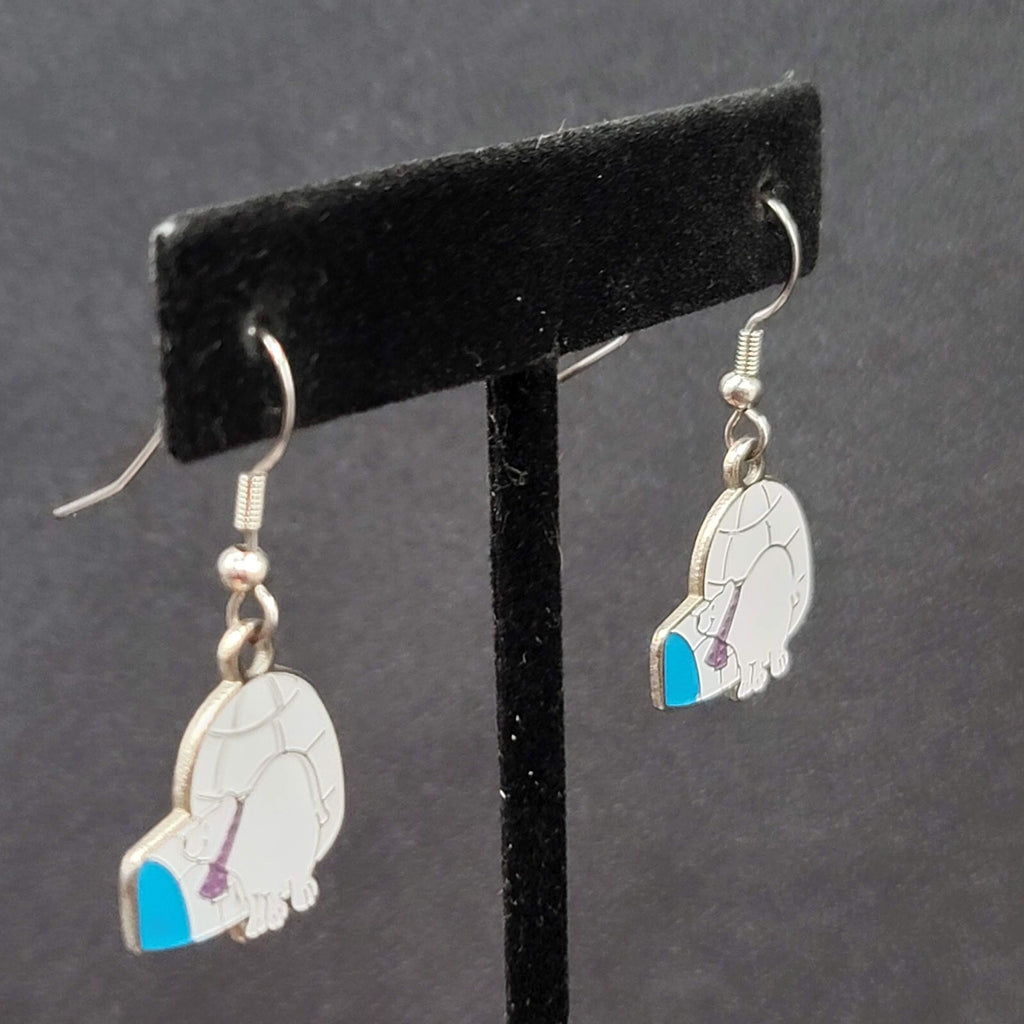 Vintage Pierced Earrings Igloo Polar Bear Dangle Enamel Silver tone Dangle 7/8"