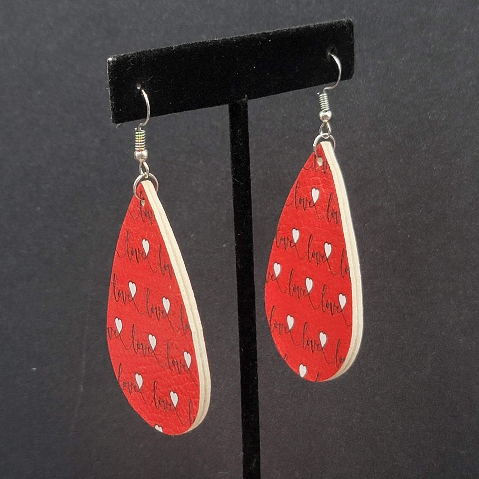 Love Pierced Earrings Faux Leather Valentines Day Teardrop Dangle 2.25"