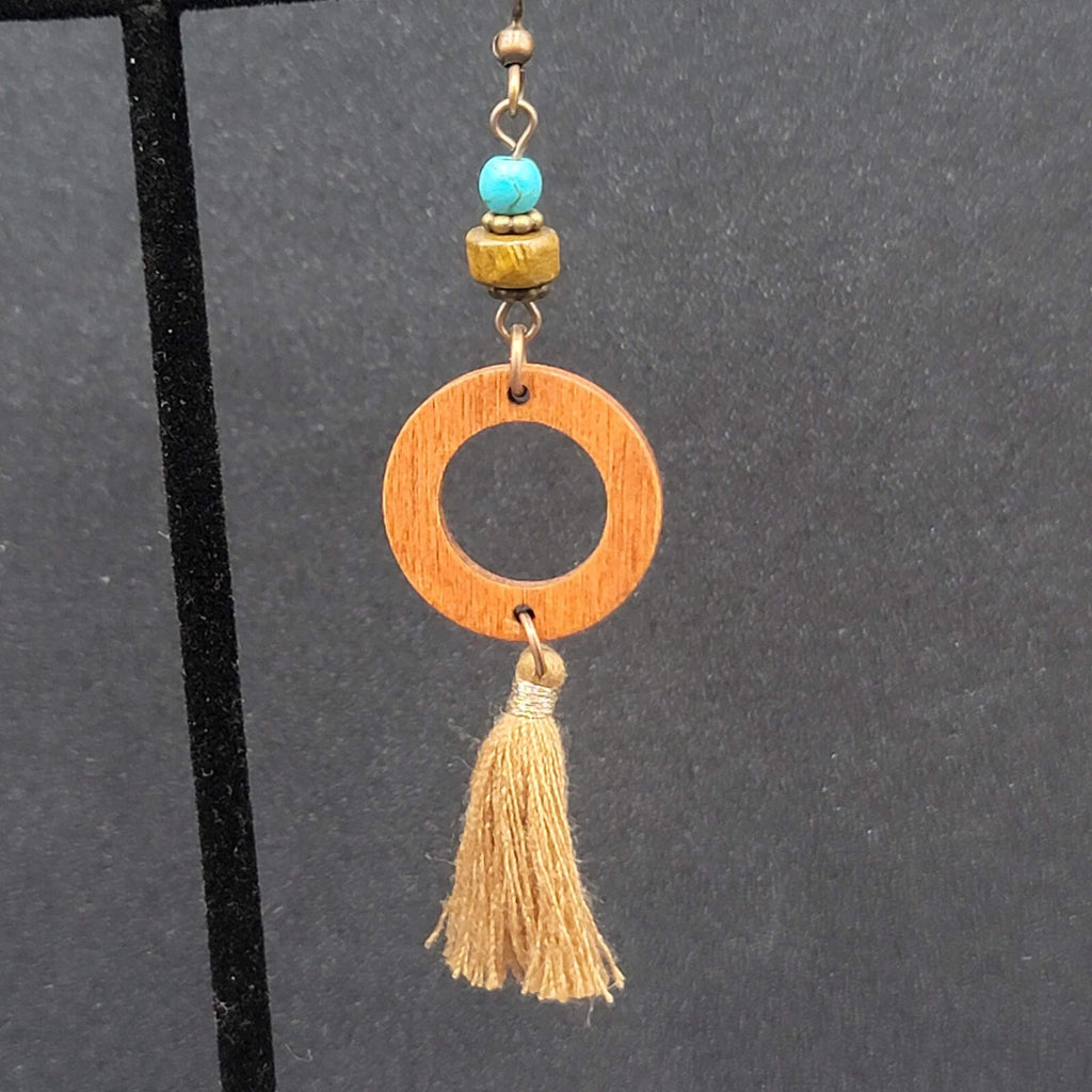 New Boho Pierced Earrings Wood Ring Beaded Gold String Tassel 2.5"