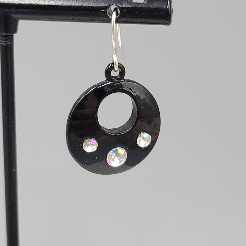 Pierced Earrings Black Enamel AB Rhinestone Silver tone Dangle 7/8"