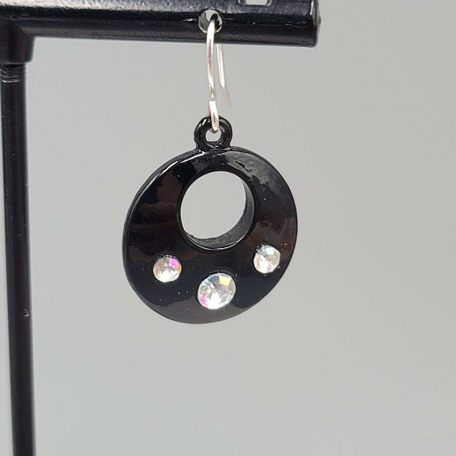 Pierced Earrings Black Enamel AB Rhinestone Silver tone Dangle 7/8"