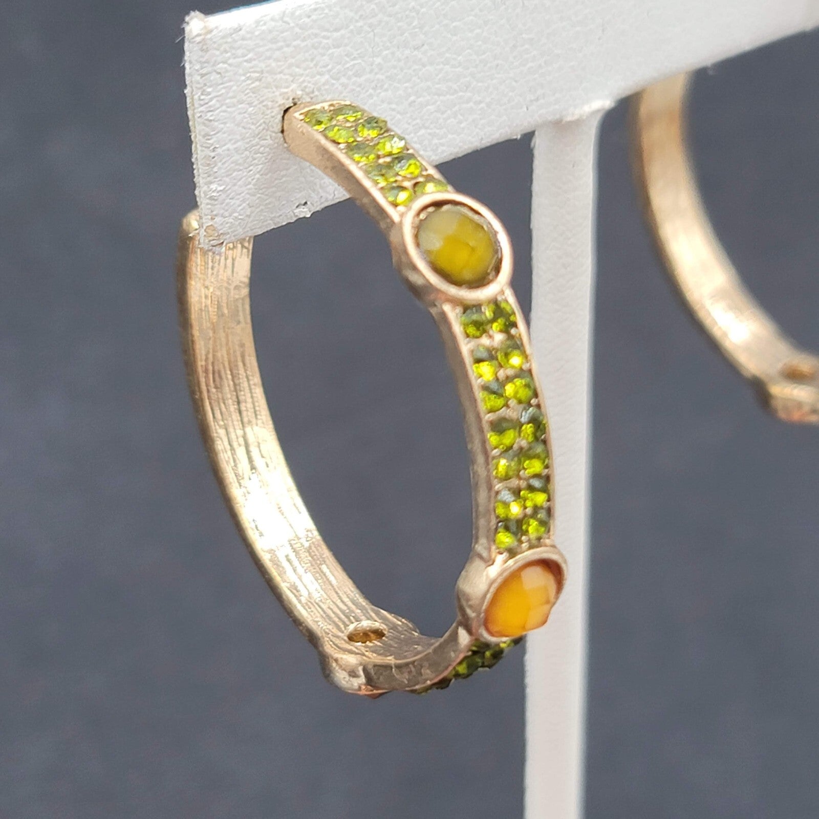 Pierced Earrings Gold tone Green Rhinestone Hoops 1 3/8"