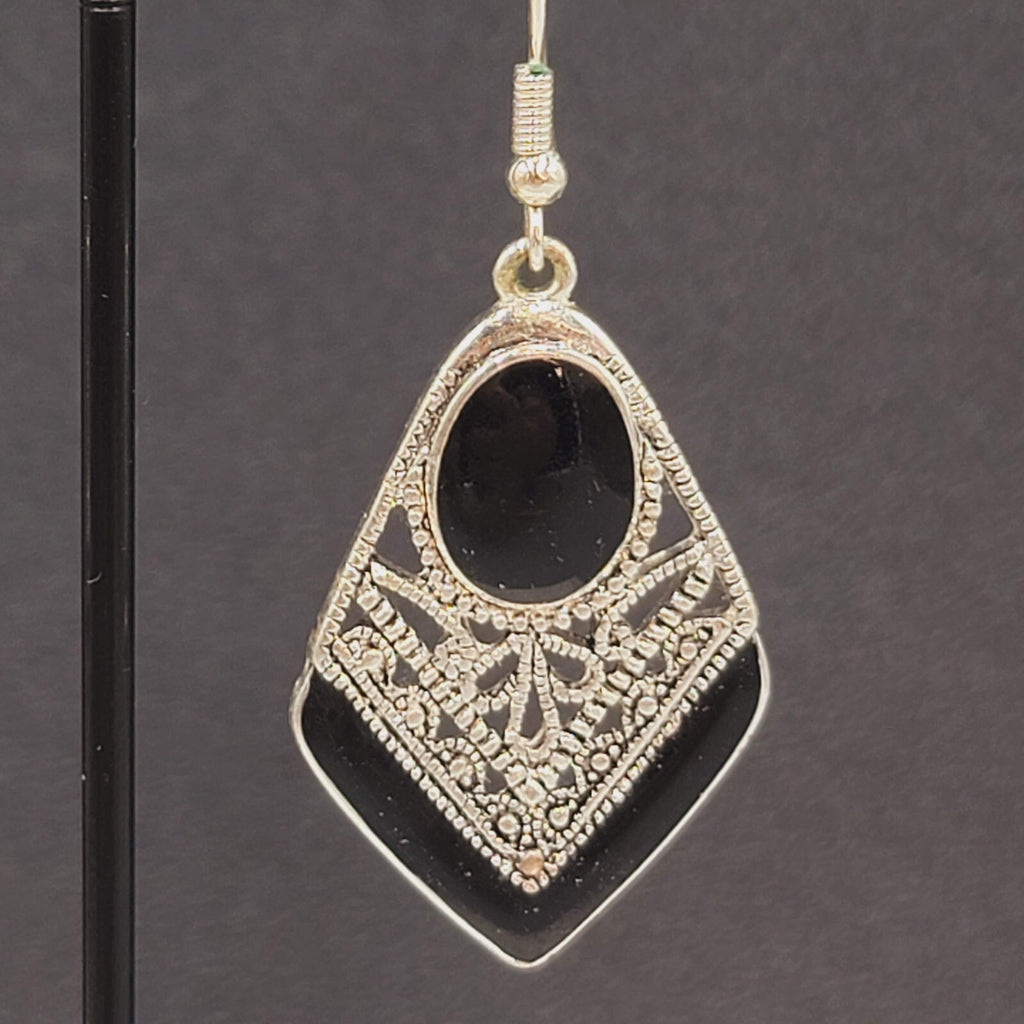 Pierced Earrings Silver tone Dangle Black Enamel Filigree 1.5"