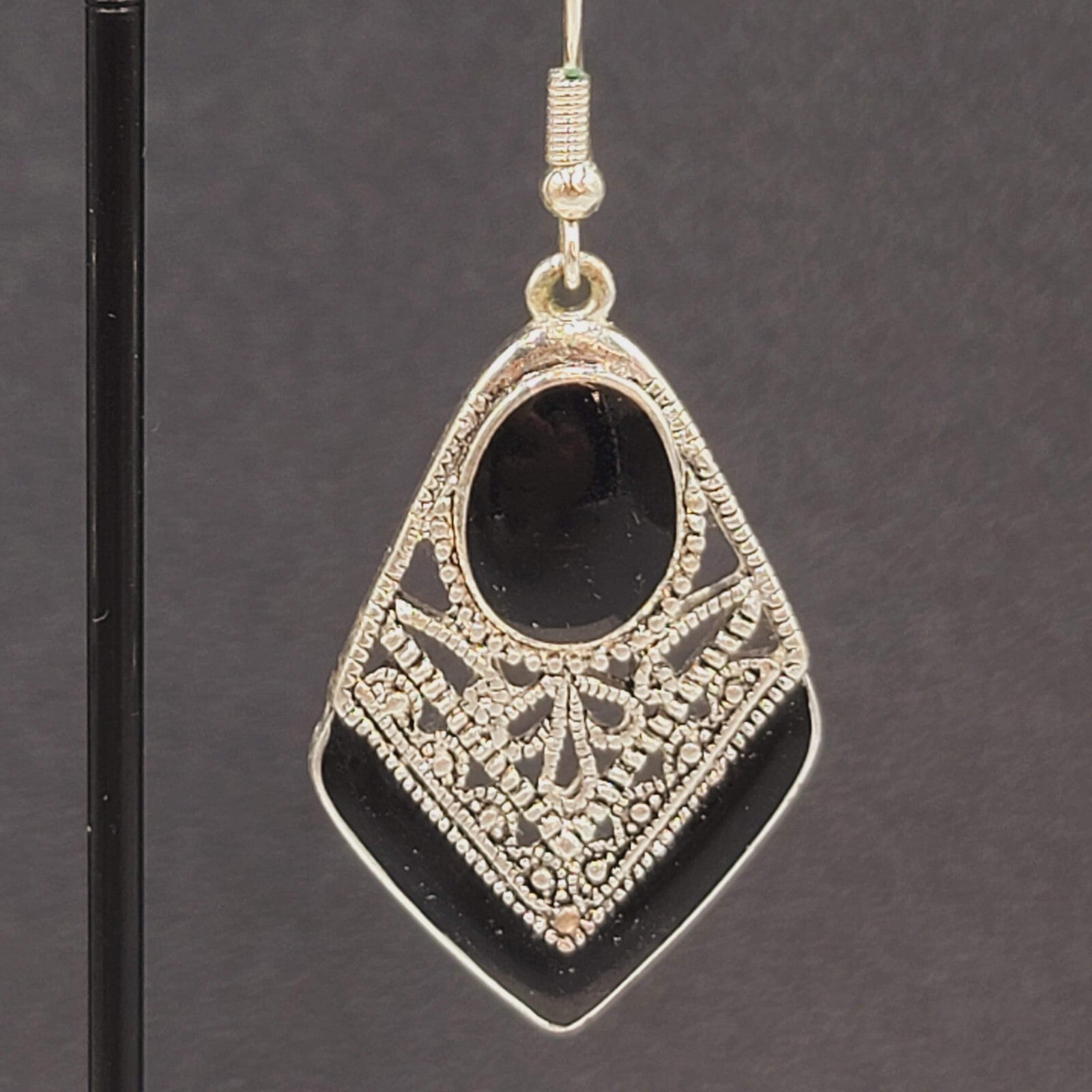 Pierced Earrings Silver tone Dangle Black Enamel Filigree 1.5"