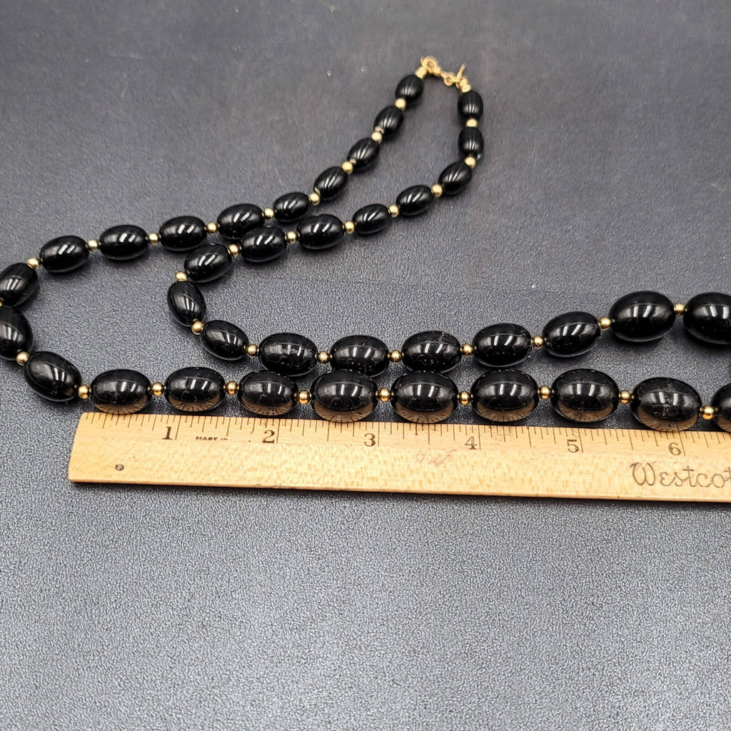 Vintage MONET Necklace Black Graduated Bead Gold tone Estate Jewelry 28"
