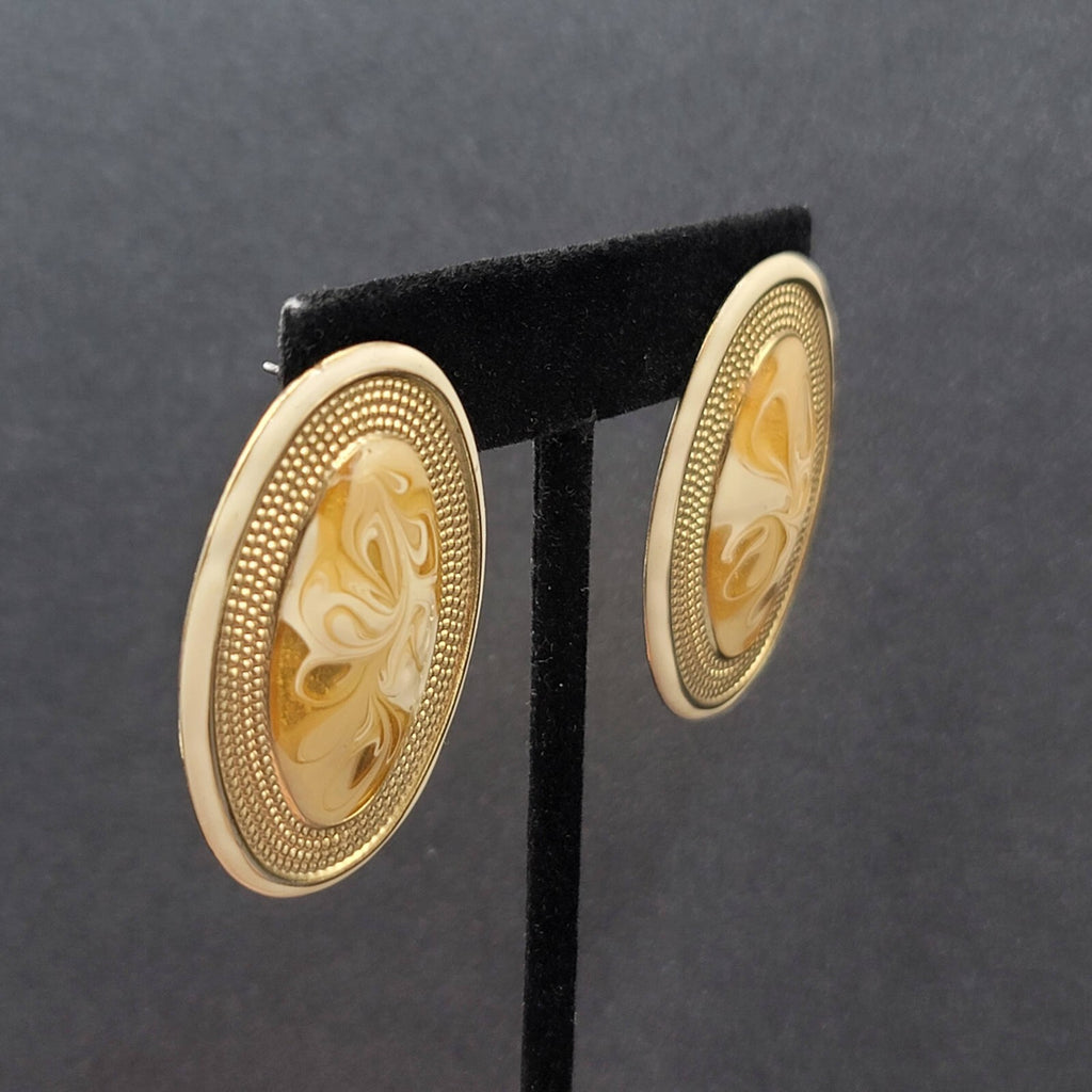 Vintage Pierced Earrings Gold tone Cream Swirl Enamel Long Oval Statement 1.75"