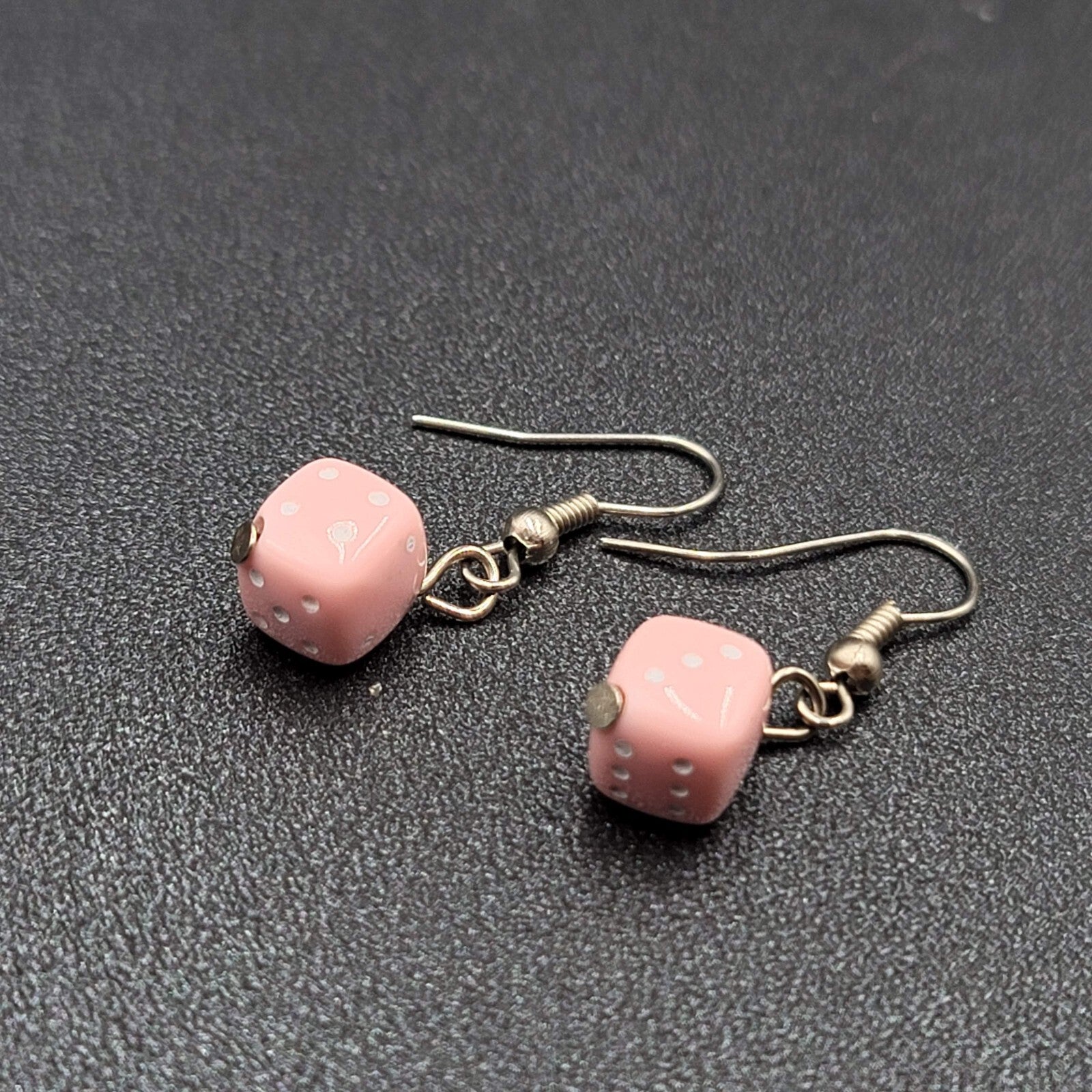 Pierced Earrings Silver tone Pink White Dice Dangle Small 3/8"