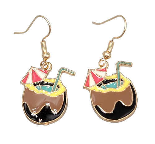 Coconut Cocktail Enamel Pierced Earrings Gold tone Dangle 7/8"